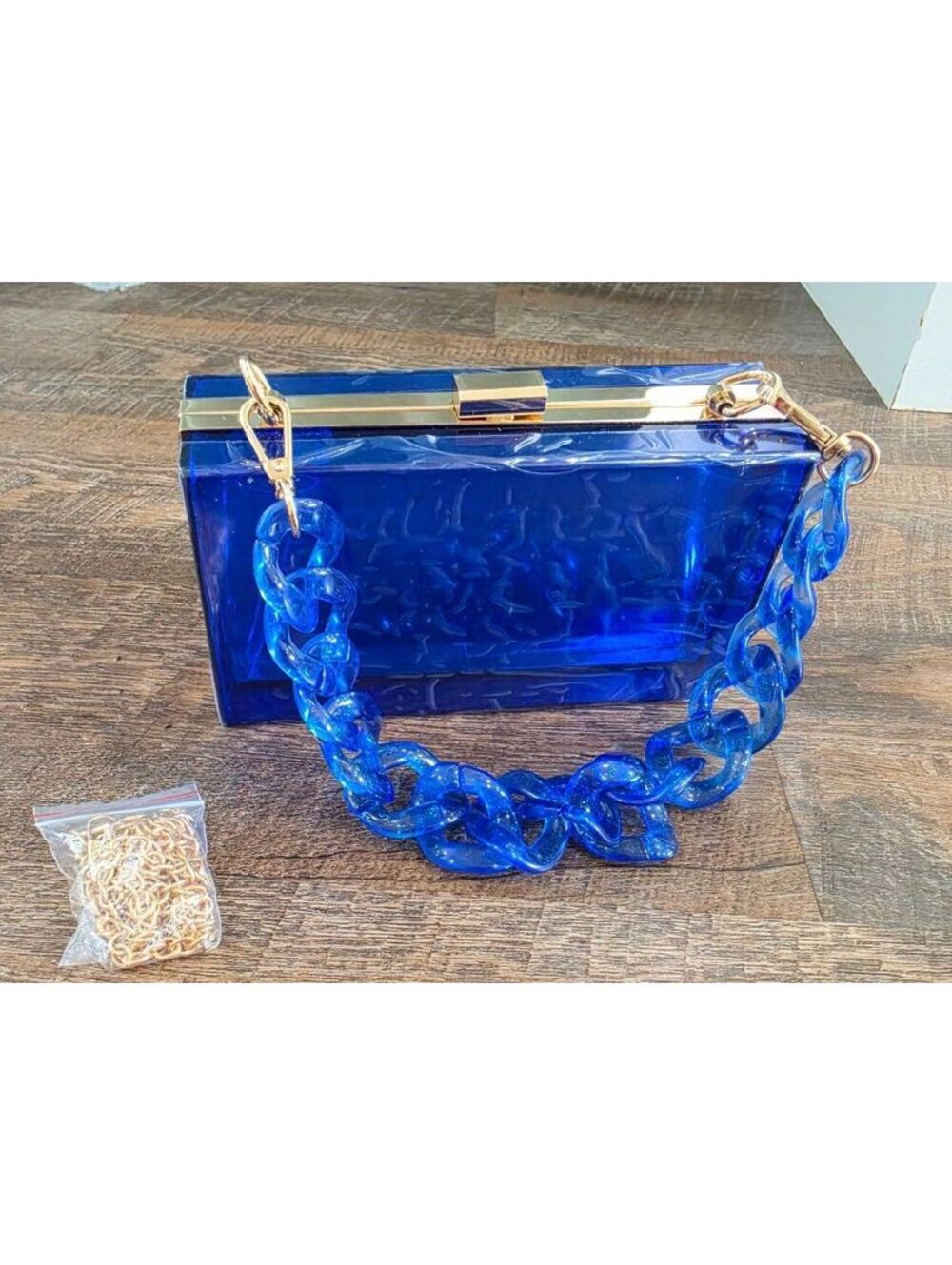 Modern Blue Acrylic Clutch Bag with Gold Hardware and Chain Handle